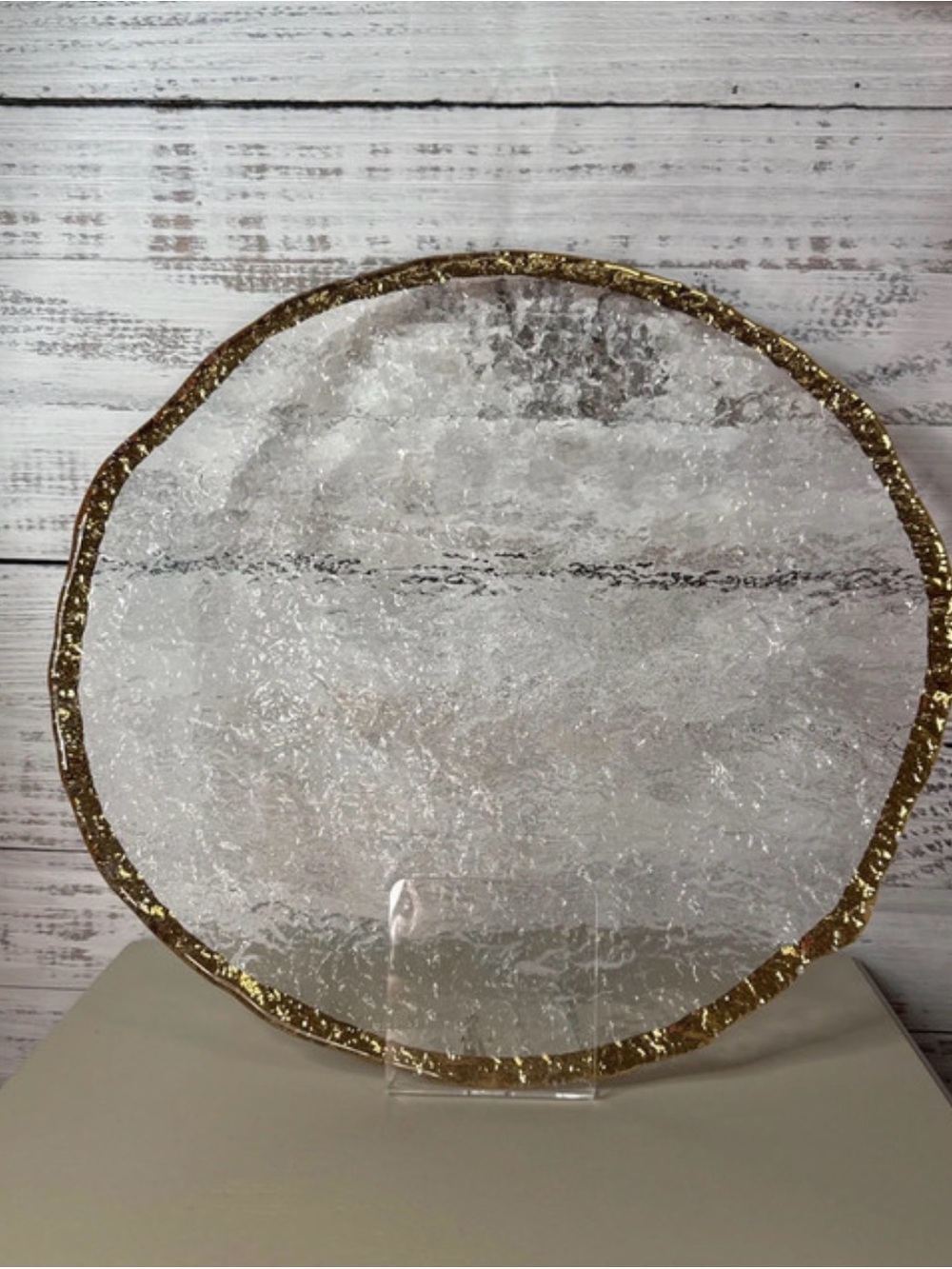 Glacier IVV Italian 10K Gold Trimmed 14 Inch
Serving Platter Textured Art Glass